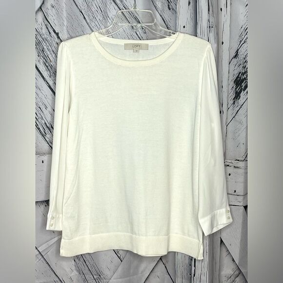 Loft Ivory Cotton Crewneck Sweater with Polyester Sleeves L - Picture 1 of 7
